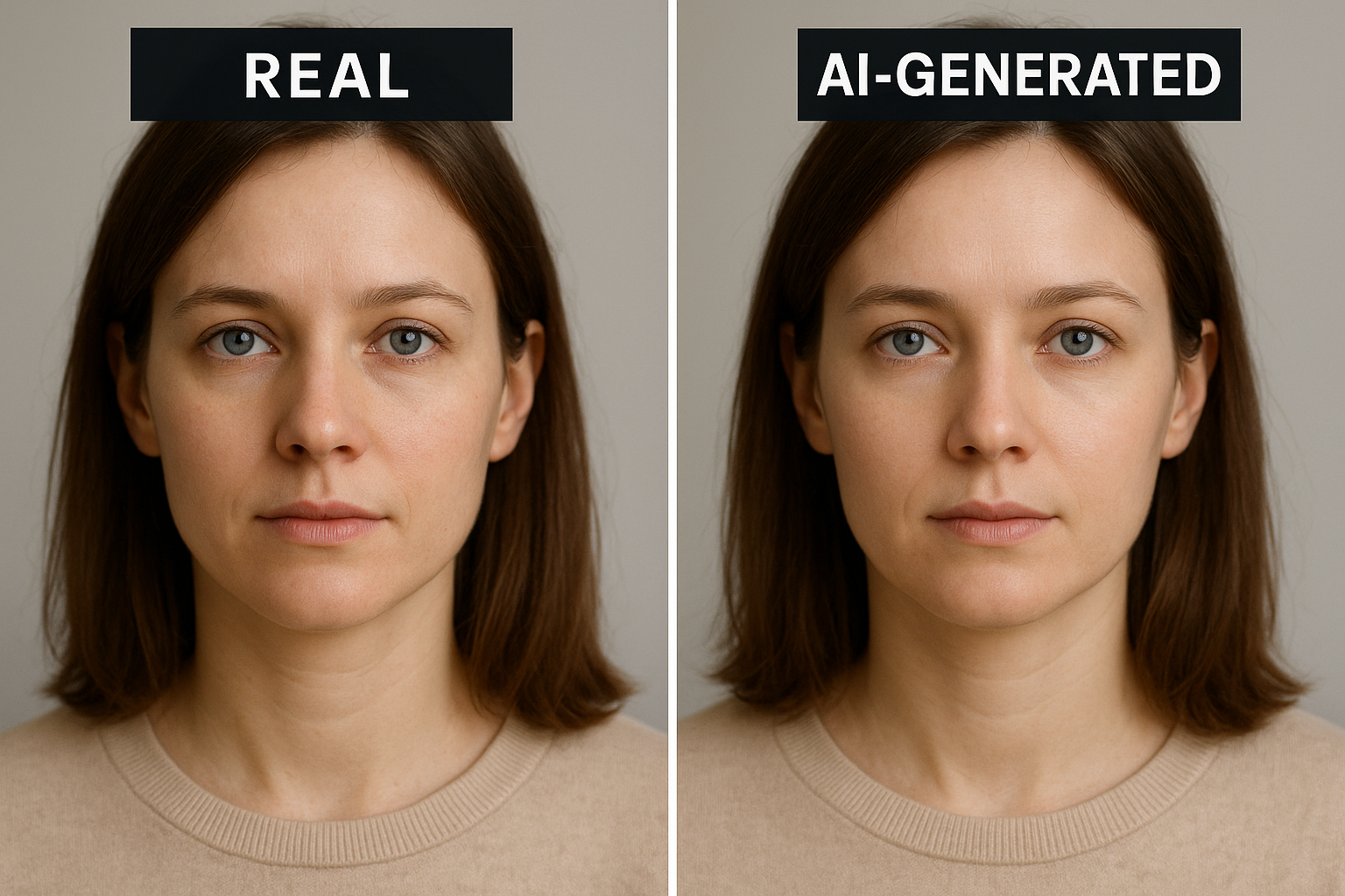 Side-by-side portraits labeled “REAL” and “AI-GENERATED,” showing how realistic AI-created faces can look.