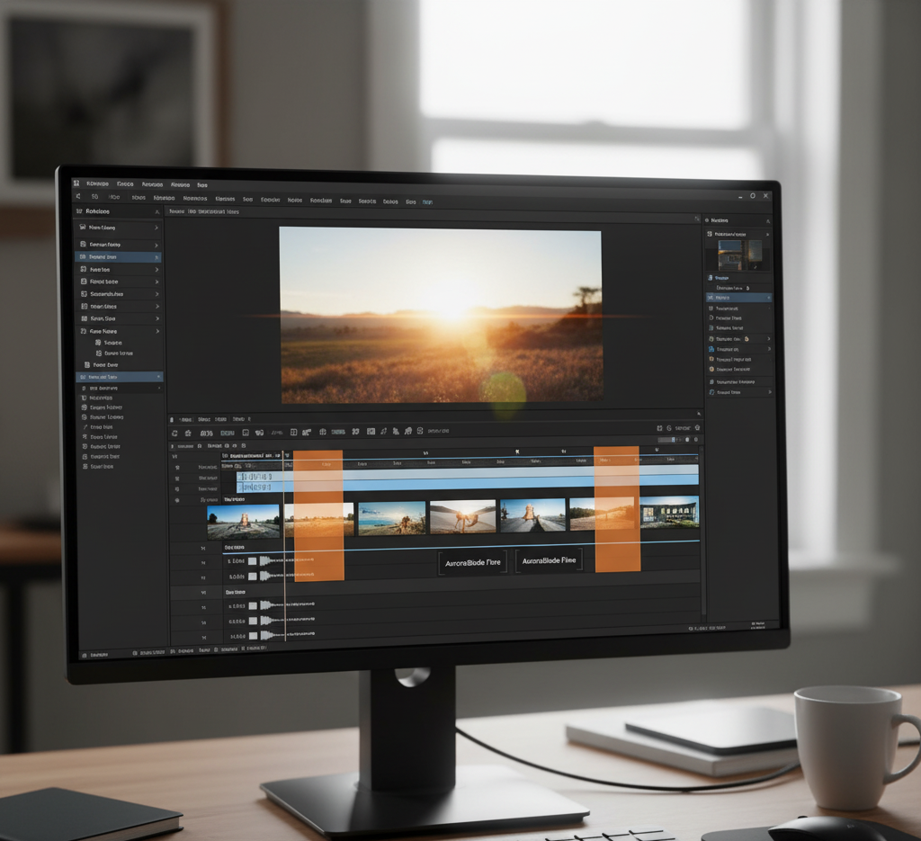 Computer monitor showing a video editing timeline with a bright sunset clip.