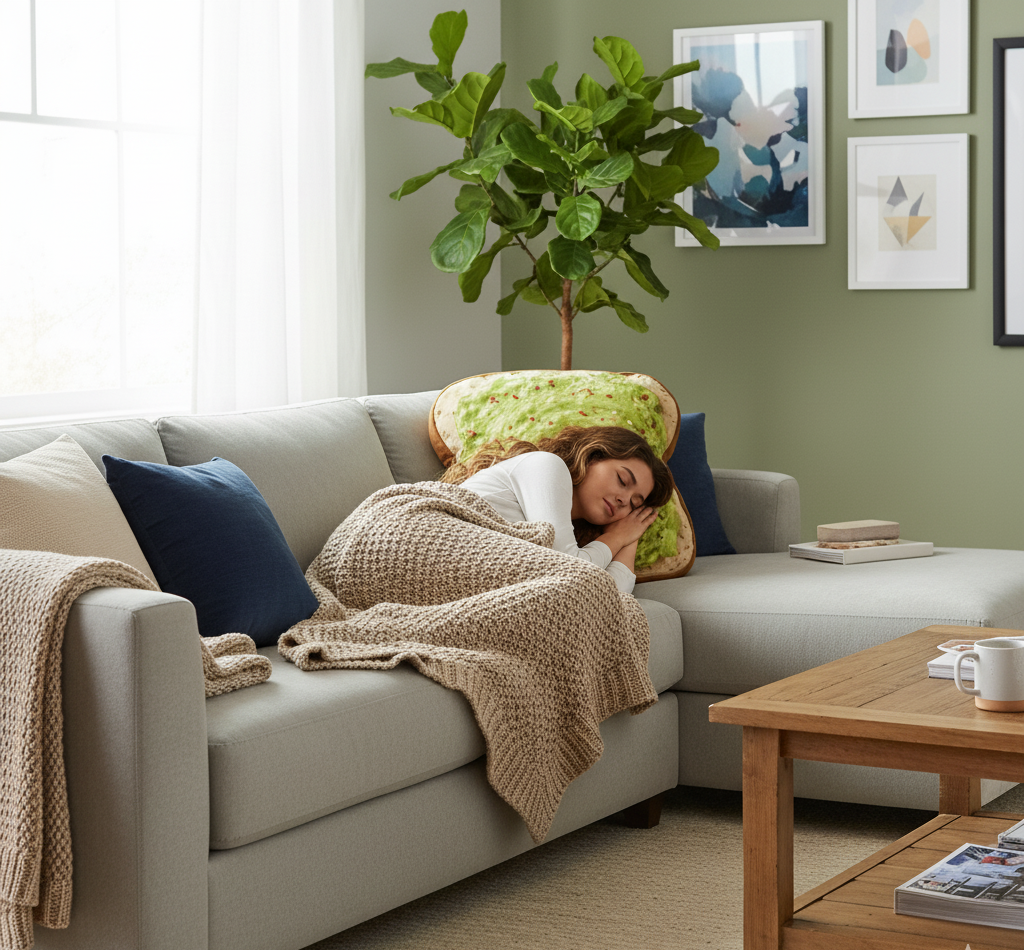 Person napping on a couch with a large novelty bread pillow and a knitted blanket.