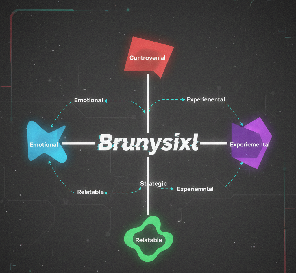 Diagram mapping Brunysixl’s content styles across emotional, experimental, relatable, and controversial categories.