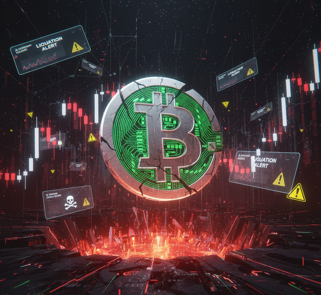 Bitcoin symbol surrounded by warning signs and falling market charts in a digital crash scene.