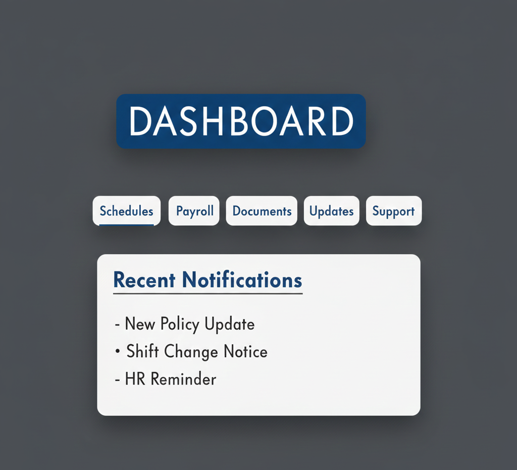 Employee dashboard screen showing menu tabs and recent notifications list.