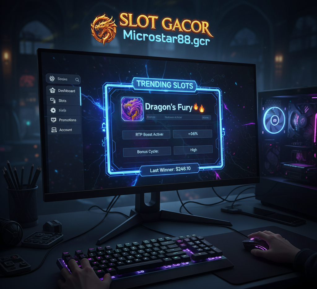 Player viewing a Slot Gacor dashboard showing Dragon’s Fury as a trending slot.