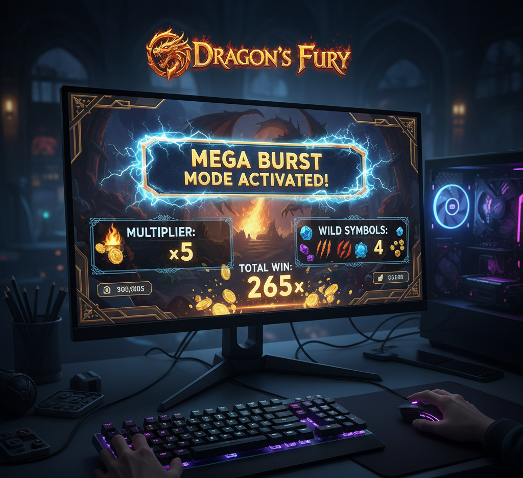 Gaming setup showing a ‘Dragon’s Fury’ slot game with Mega Burst mode activated on screen.