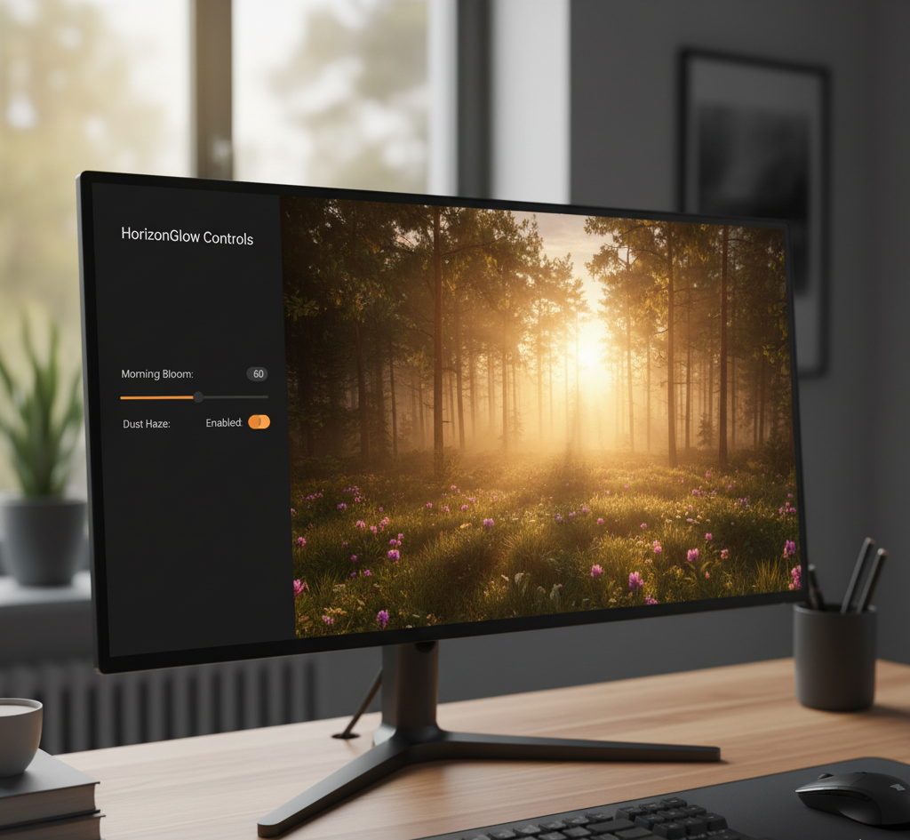 Monitor displaying a sunlit forest scene with lighting controls on the side.