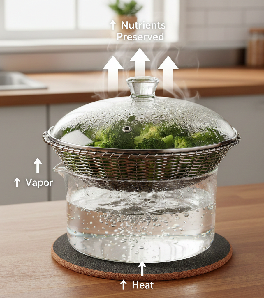 Glass steamer pot with broccoli above boiling water, showing heat and vapor rising to illustrate how steaming preserves nutrients.