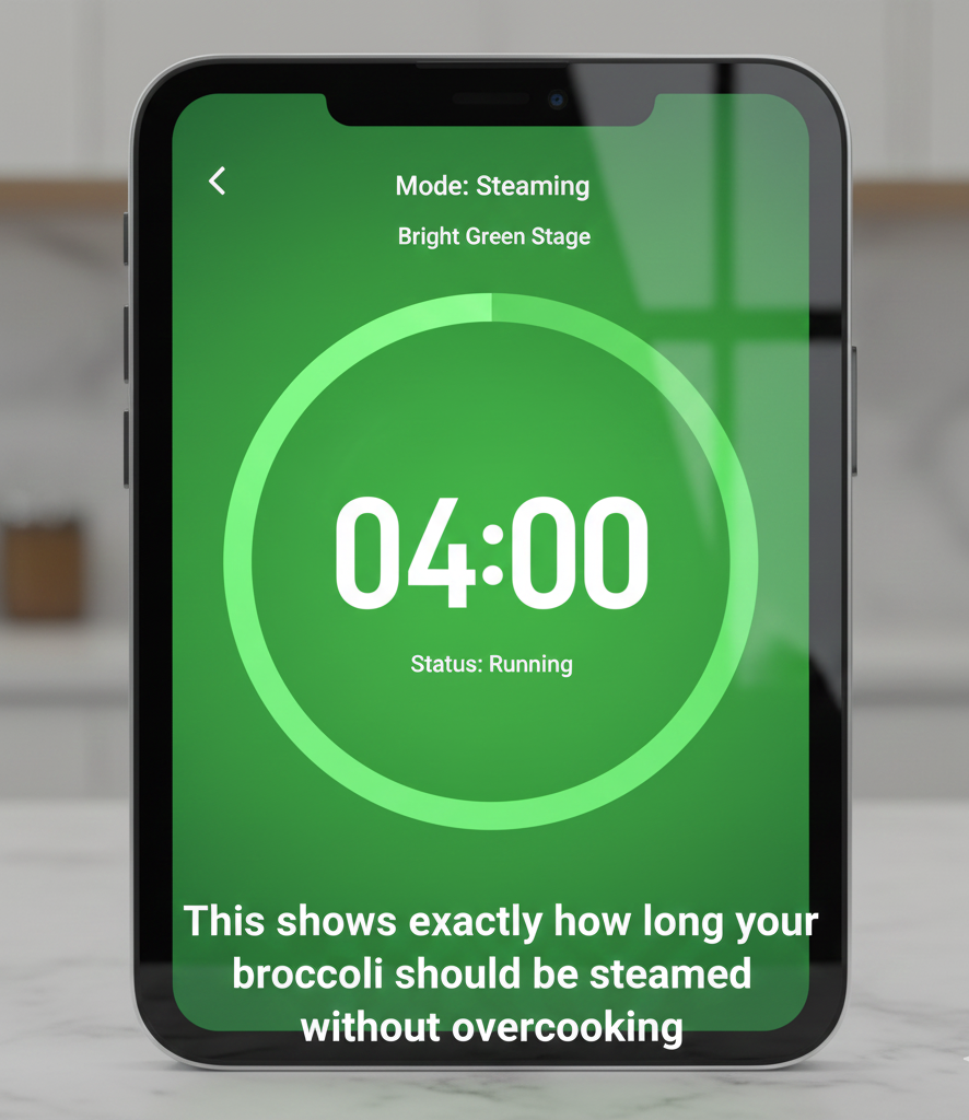 Smartphone timer app set to 4 minutes for broccoli steaming.