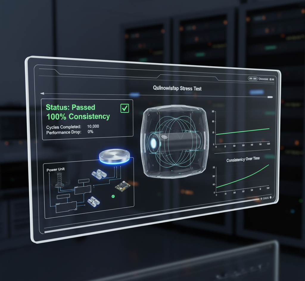 Qulnowisfap stress test interface showing 100% consistency, cycles completed, performance metrics, and a 3D component visualization.