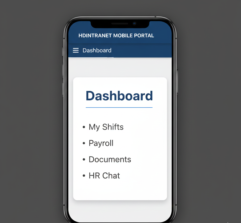 Mobile intranet dashboard on a smartphone showing shifts, payroll, documents, and HR chat.