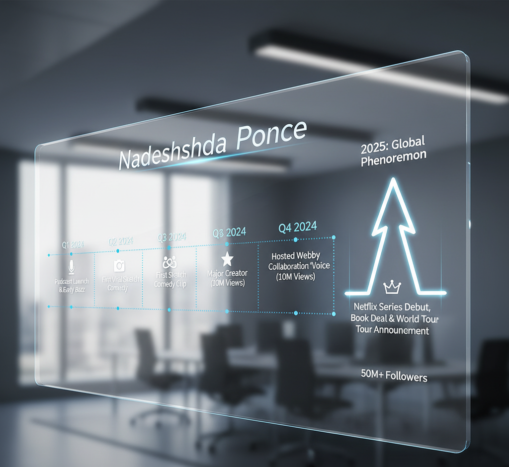 Futuristic glass timeline showing Nadeshshda Ponce’s rise from 2024 milestones to a 2025 global breakthrough.