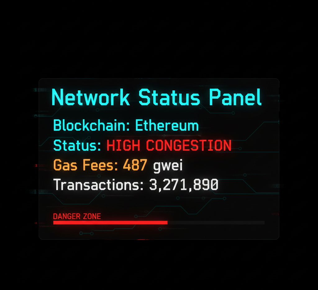 Digital panel showing Ethereum network congestion with high gas fees.