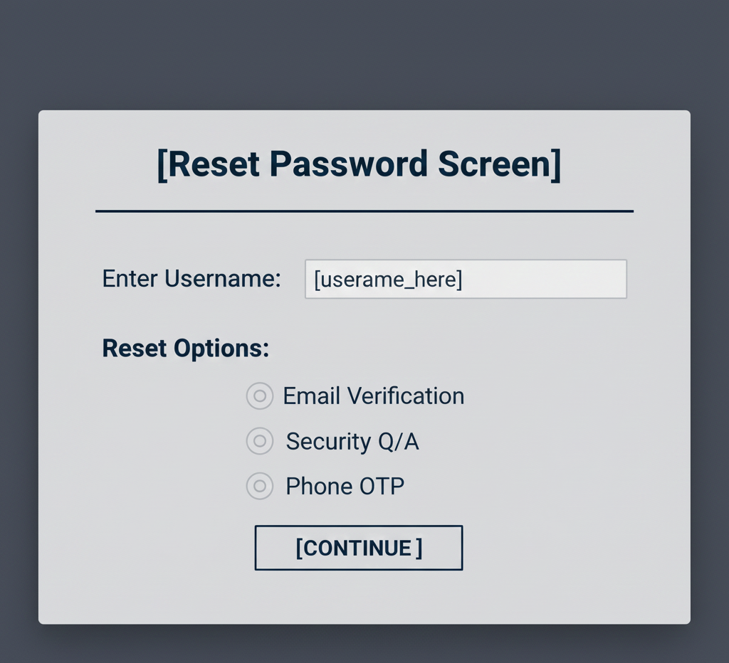 Password-reset screen with username field and options for email, security questions, or phone OTP.