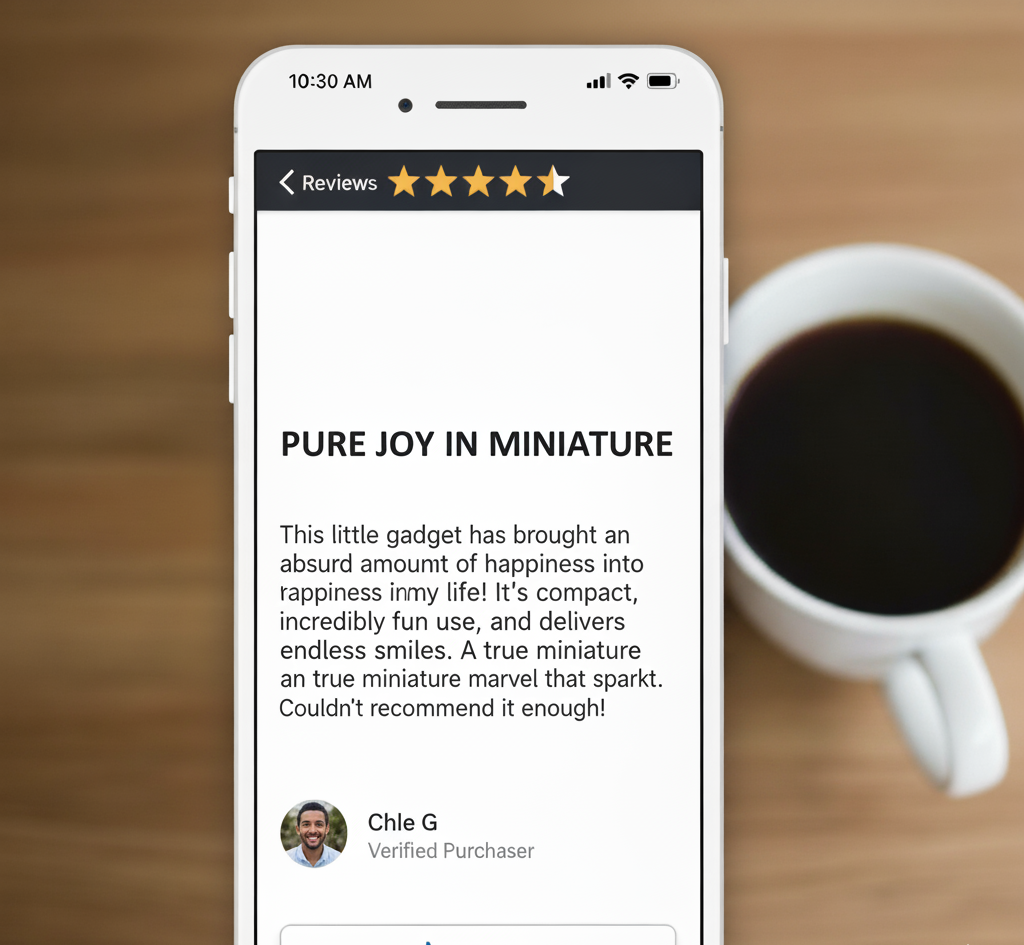 A phone screen shows a five-star product review praising a small gadget, with a coffee cup blurred in the background.
