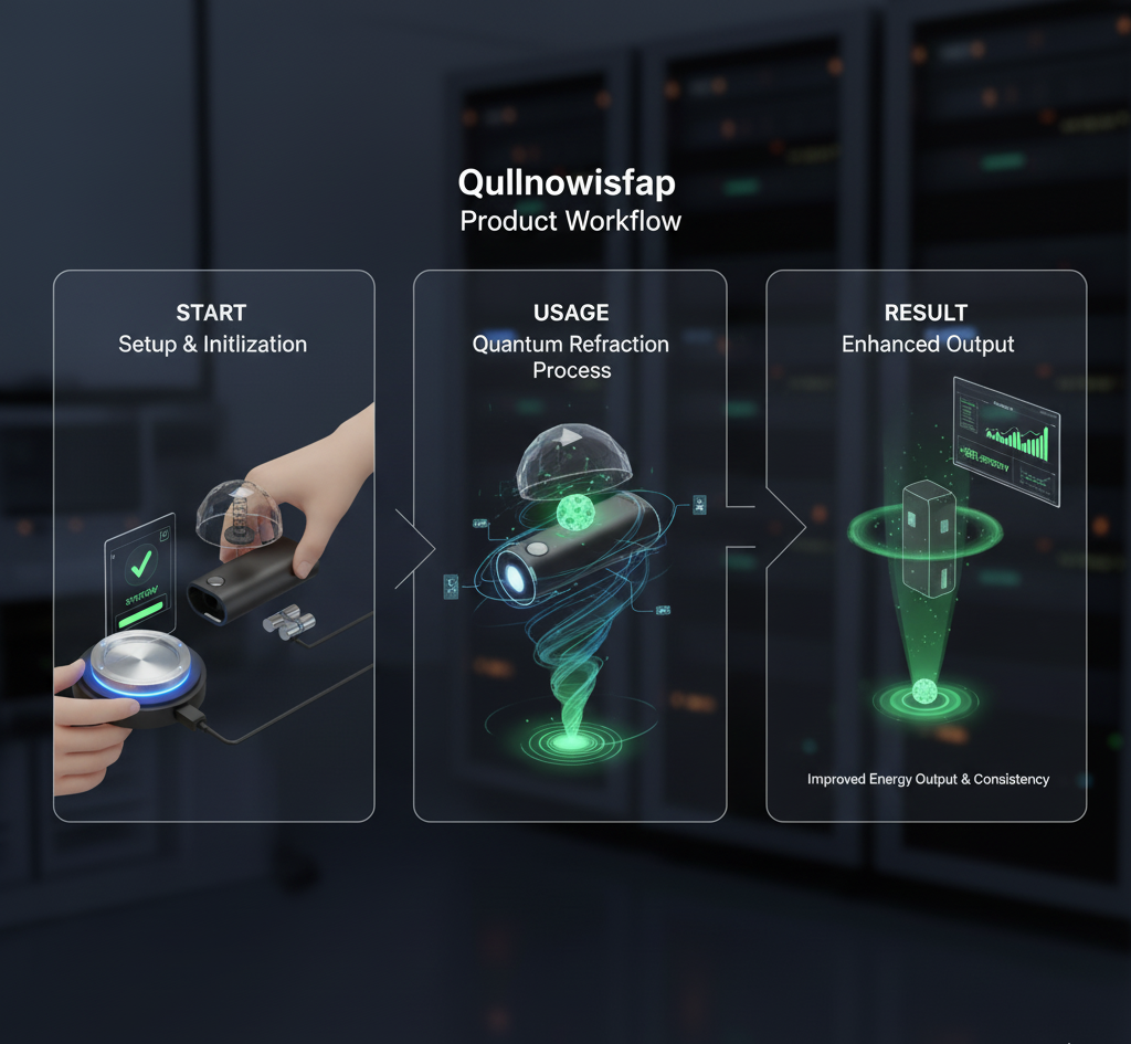 Futuristic product workflow showing setup, quantum process, and enhanced output.