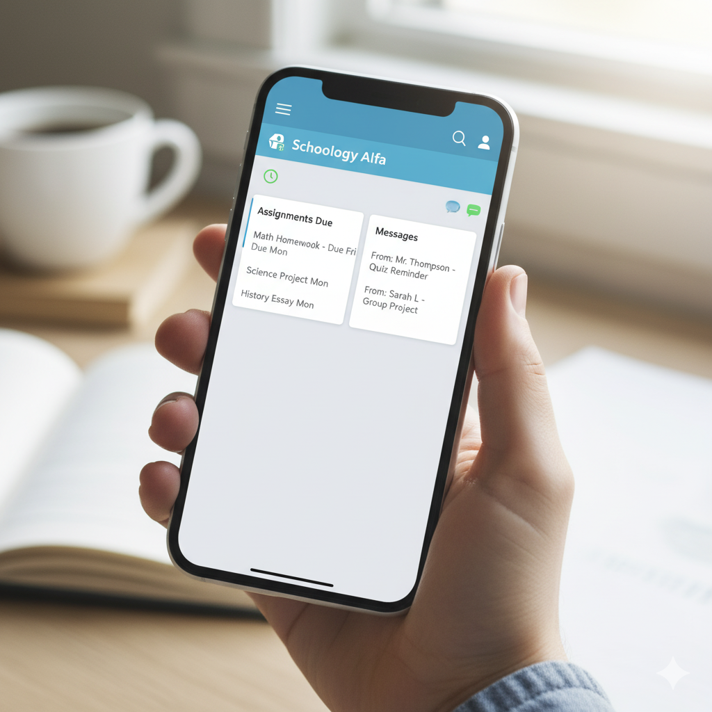 Hand holding a smartphone showing the Schoology Alfa app with assignments and messages displayed.