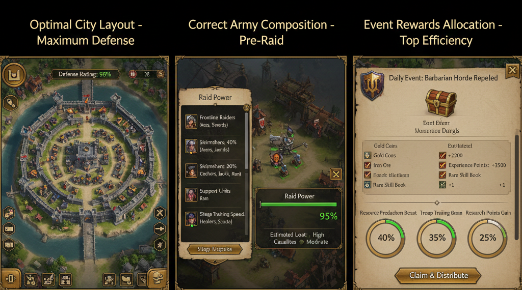 Three-panel game interface showing city layout, raid army setup, and event reward distribution.