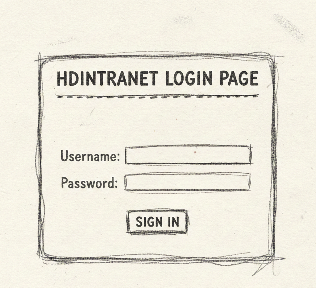 Hand-drawn login page sketch labeled “HDINTRANET LOGIN PAGE” with username and password fields.