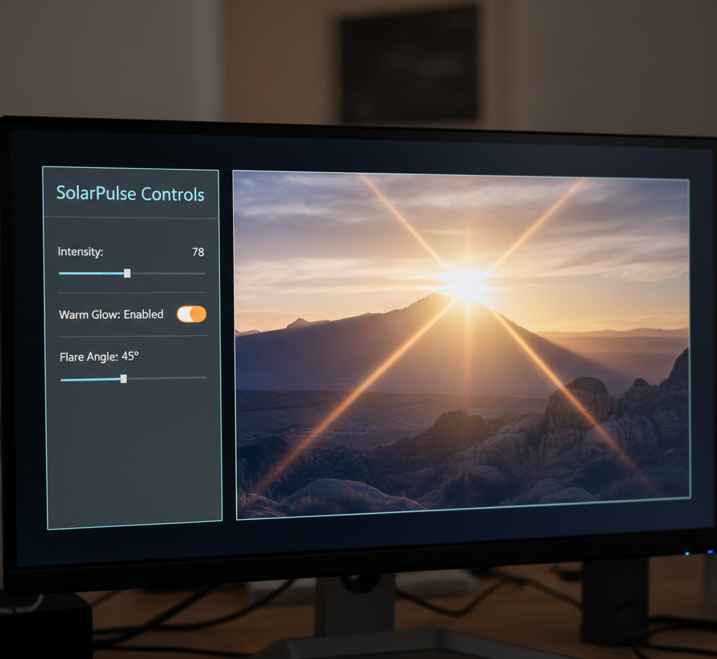Computer monitor displaying a sunset photo with on-screen lighting controls.