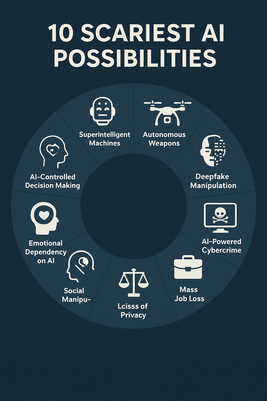 Circular infographic showing 10 dangers of AI with icons and labels.