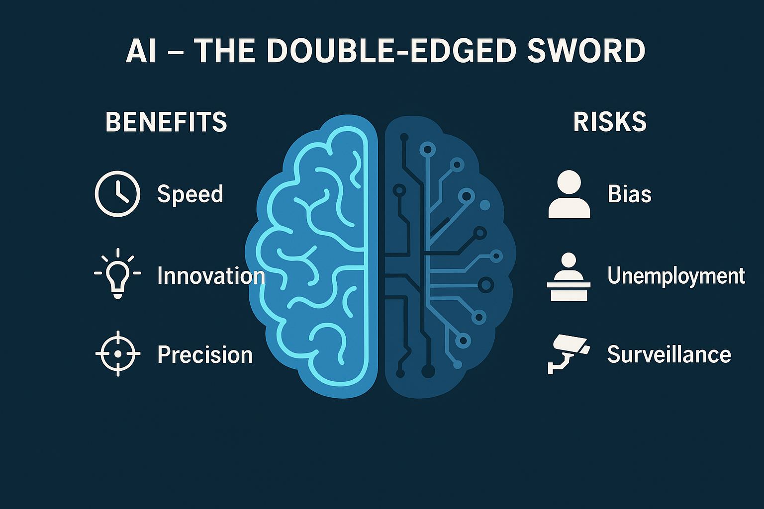 Infographic showing AI benefits and risks with a split human-robot brain.