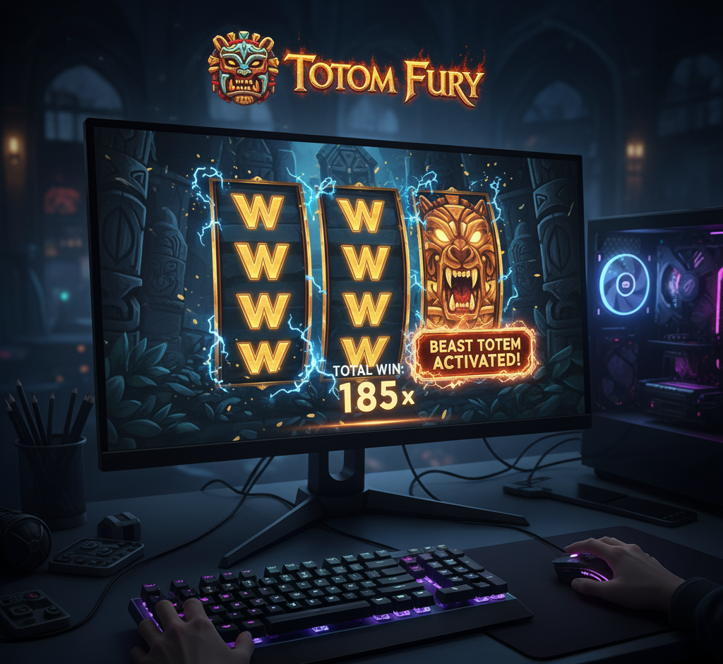 Player viewing the ‘Totem Fury’ slot game with wild reels and Beast Totem activated.