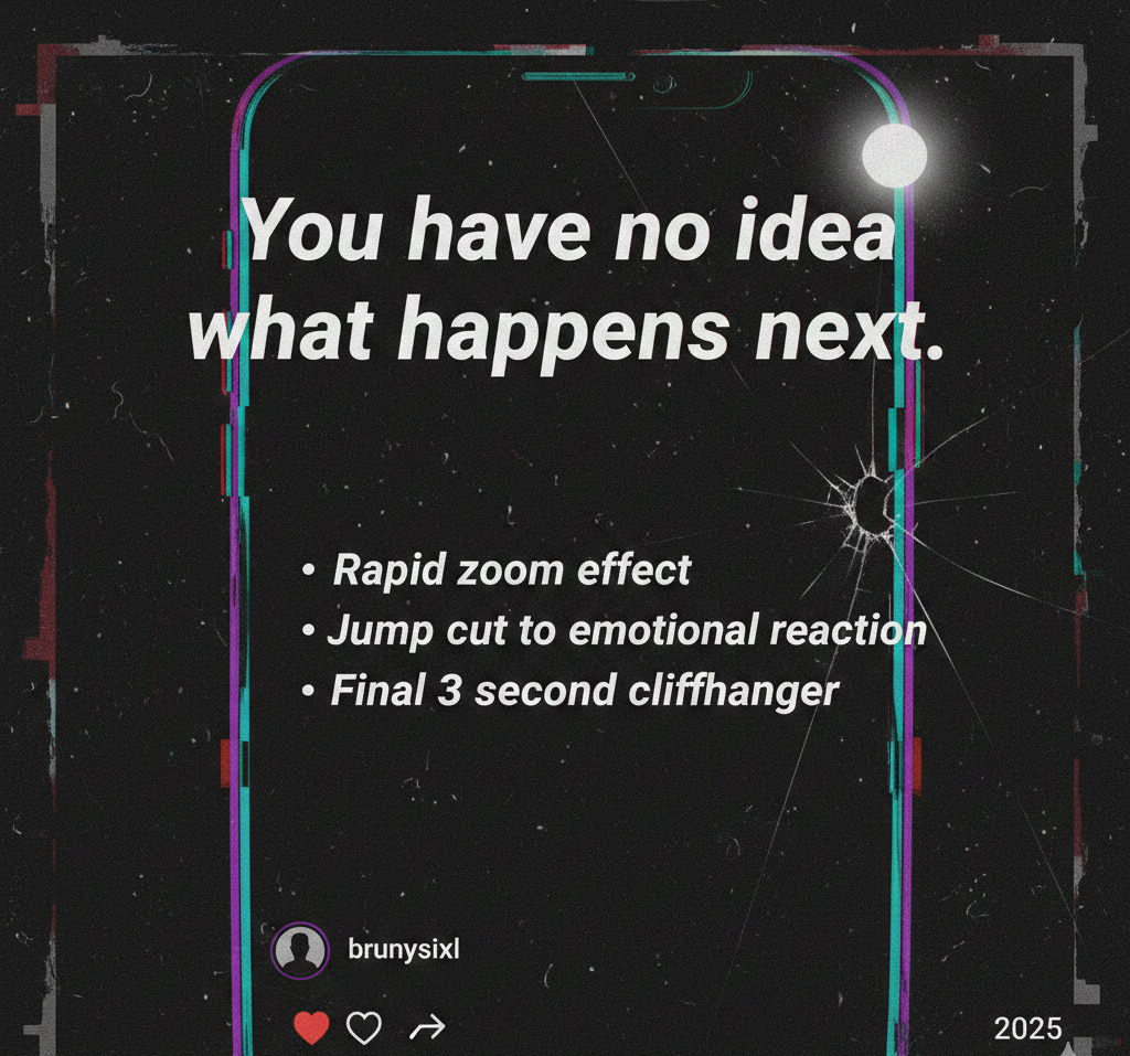 Glitch-style phone screen graphic with bold text “You have no idea what happens next” and a cracked display.