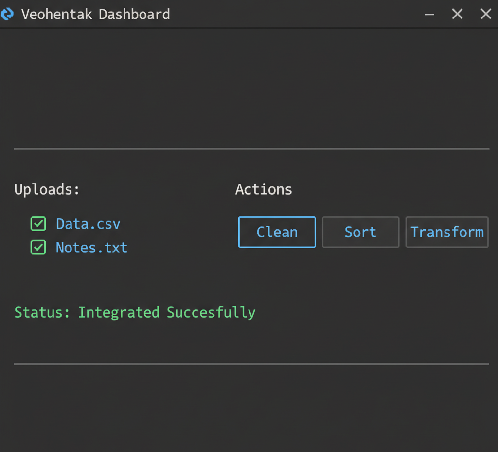 Veohentak Dashboard showing uploaded files and data-cleaning options.