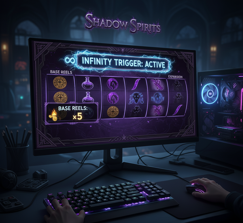 Player at a PC viewing the ‘Shadow Spirits’ slot game with Infinity Trigger active.