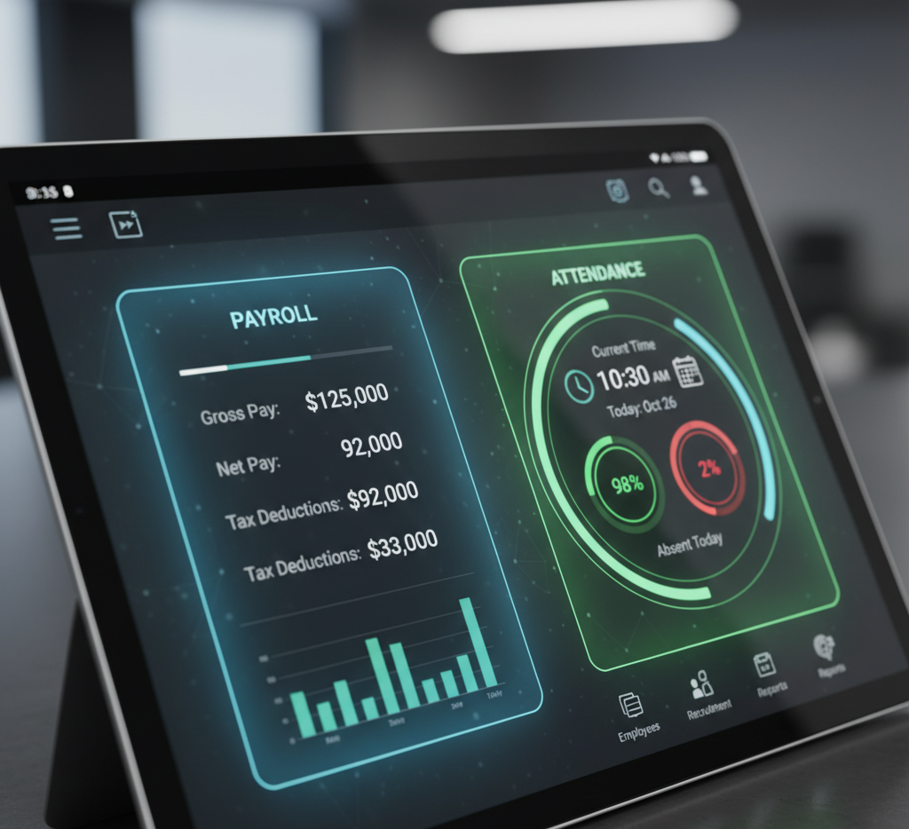 Tablet screen displaying payroll and attendance dashboard with salary details and employee attendance rate.