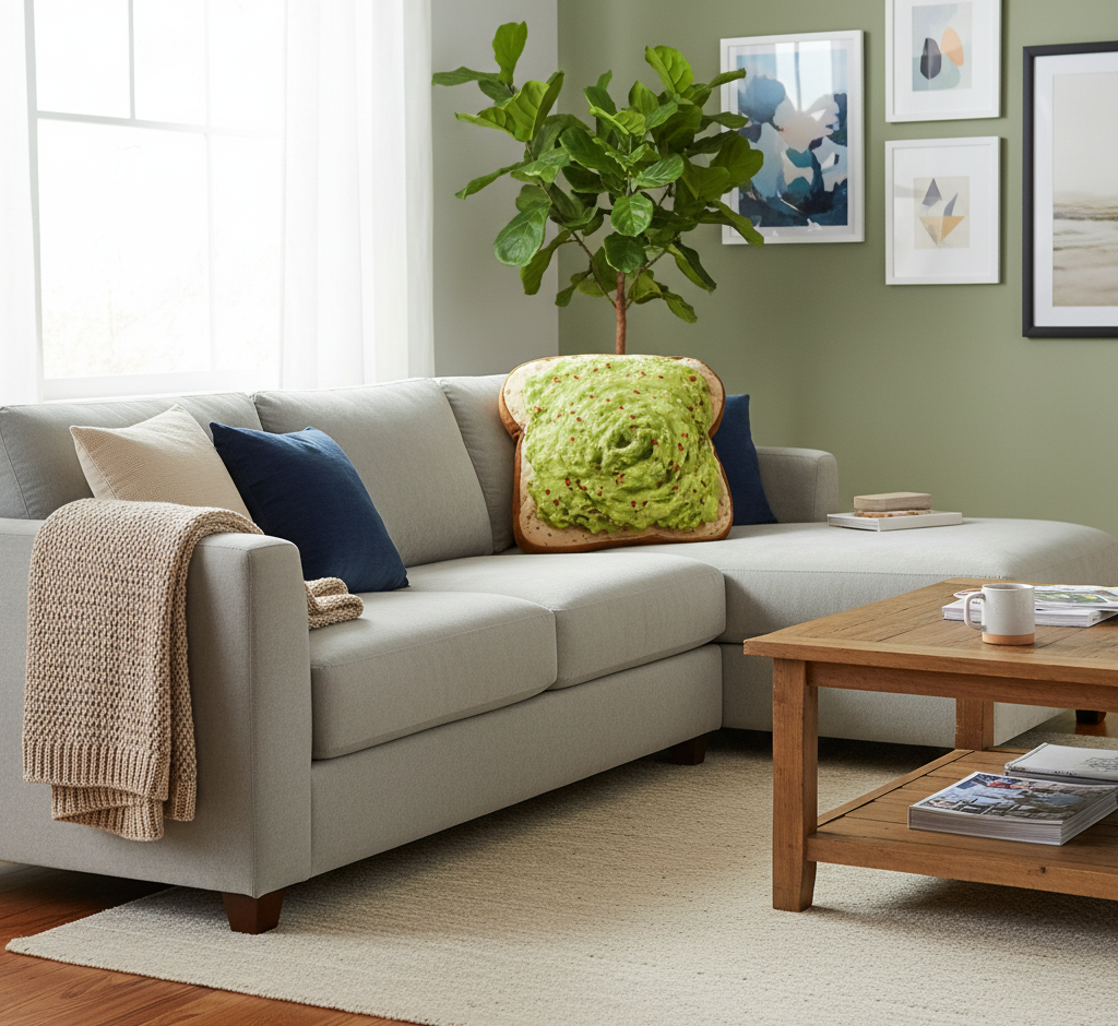 A gray sofa with an avocado-toast pillow in a bright, modern living room.