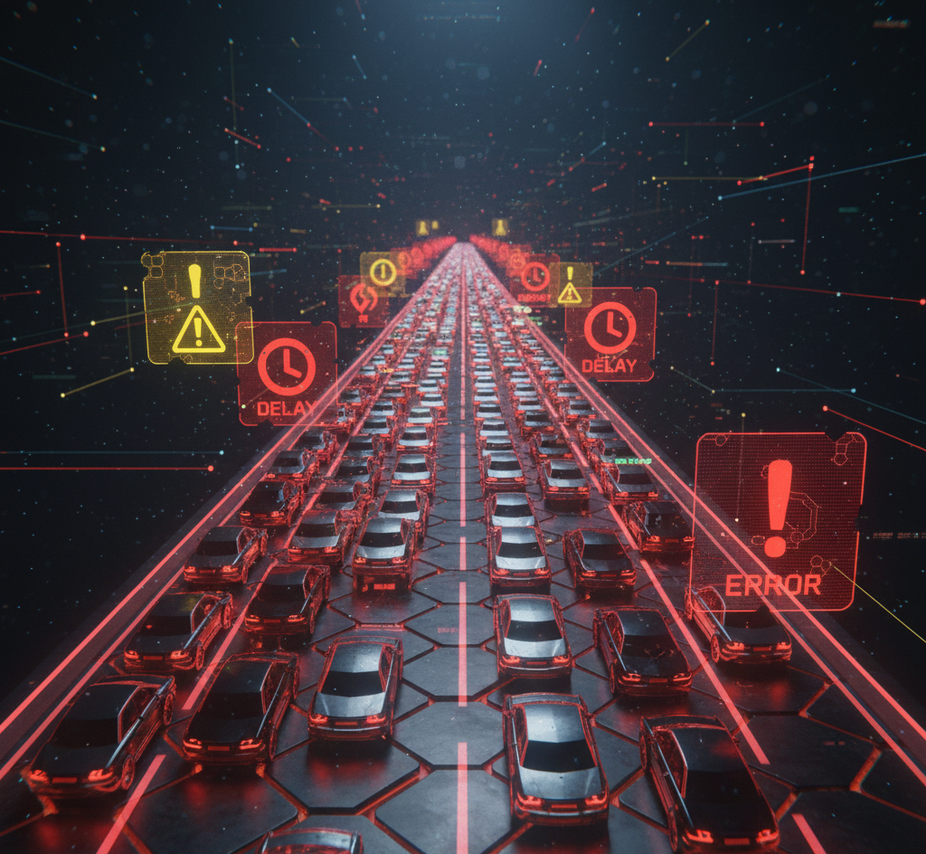 Digital traffic jam with warning and delay icons symbolizing system congestion errors.