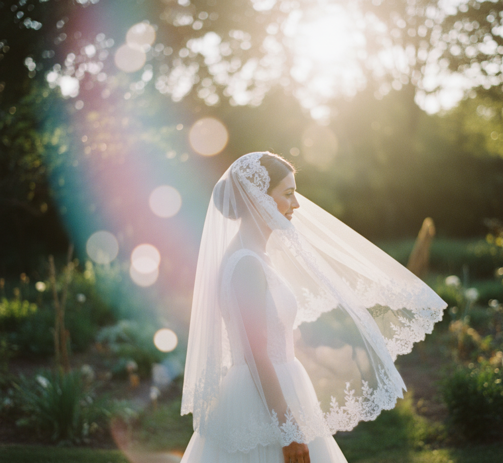 Bride in a garden with sunlight and soft lens flare.