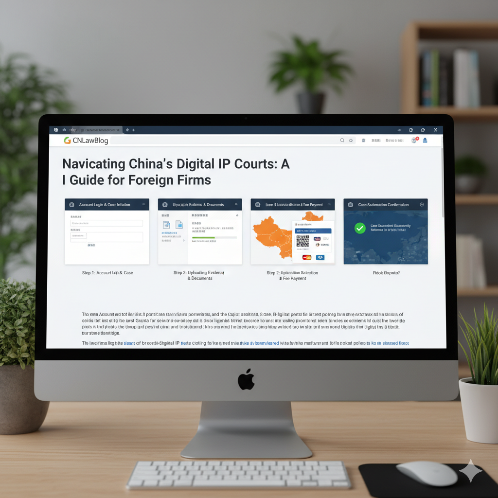 Computer screen showing CNLawBlog guide on navigating China’s digital IP courts for foreign firms.