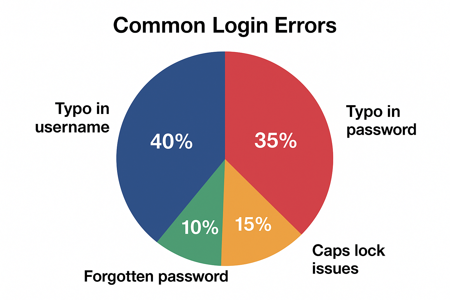 Pie chart showing common login errors: 40% typo in username, 35% typo in password, 15% caps lock issues, and 10% forgotten password.