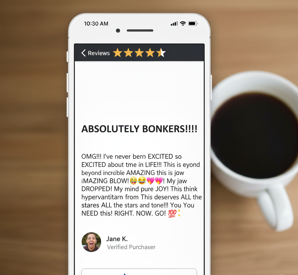 A smartphone screen displays an over-the-top five-star product review full of excited emojis and bold text, with a coffee cup blurred in the background.