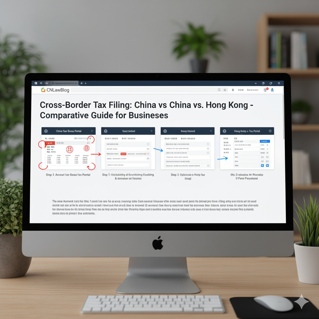 Computer screen displaying CNLawBlog guide on cross-border tax filing between China and Hong Kong for businesses.
