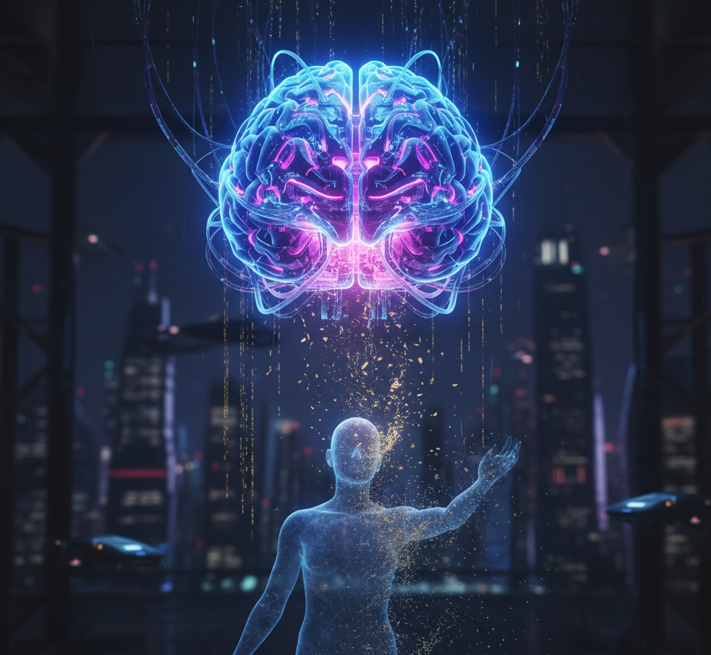 A glowing digital brain hovers above a translucent human figure reaching toward it in a futuristic cityscape.