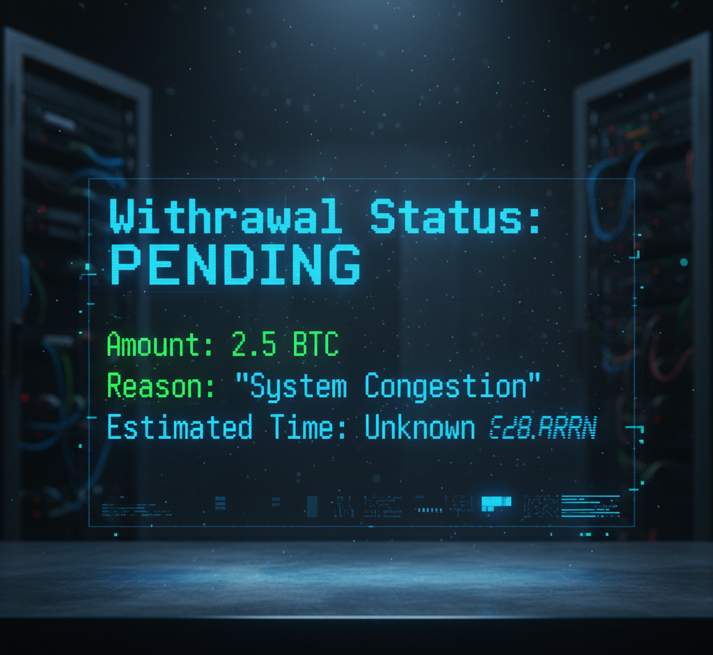 Digital display showing a pending 2.5 BTC withdrawal due to system congestion.”