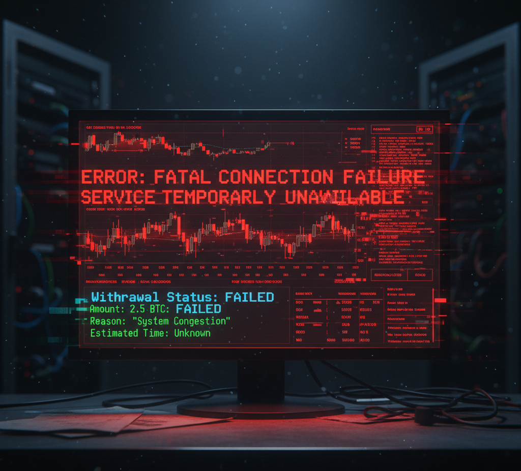 Computer screen showing a failed 2.5 BTC withdrawal with a fatal connection error.