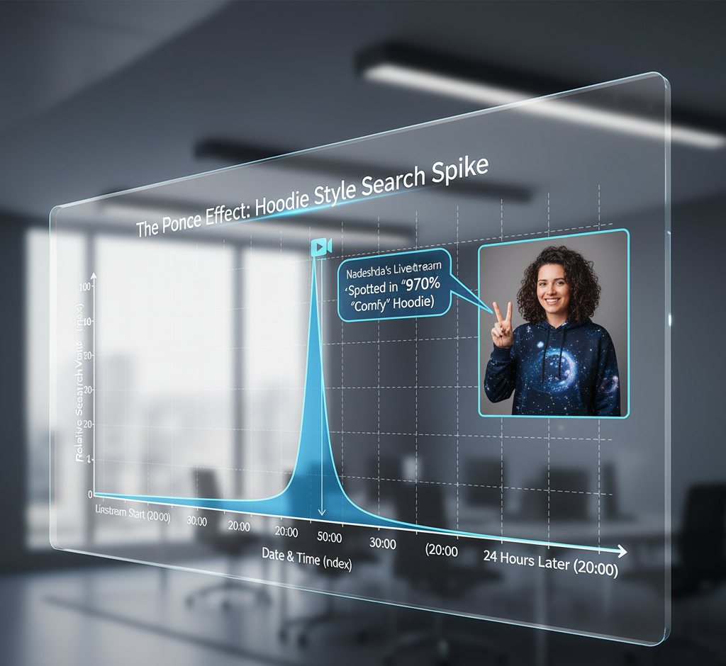 Graph showing a sharp spike in hoodie search interest after a woman wears a galaxy hoodie during a livestream.