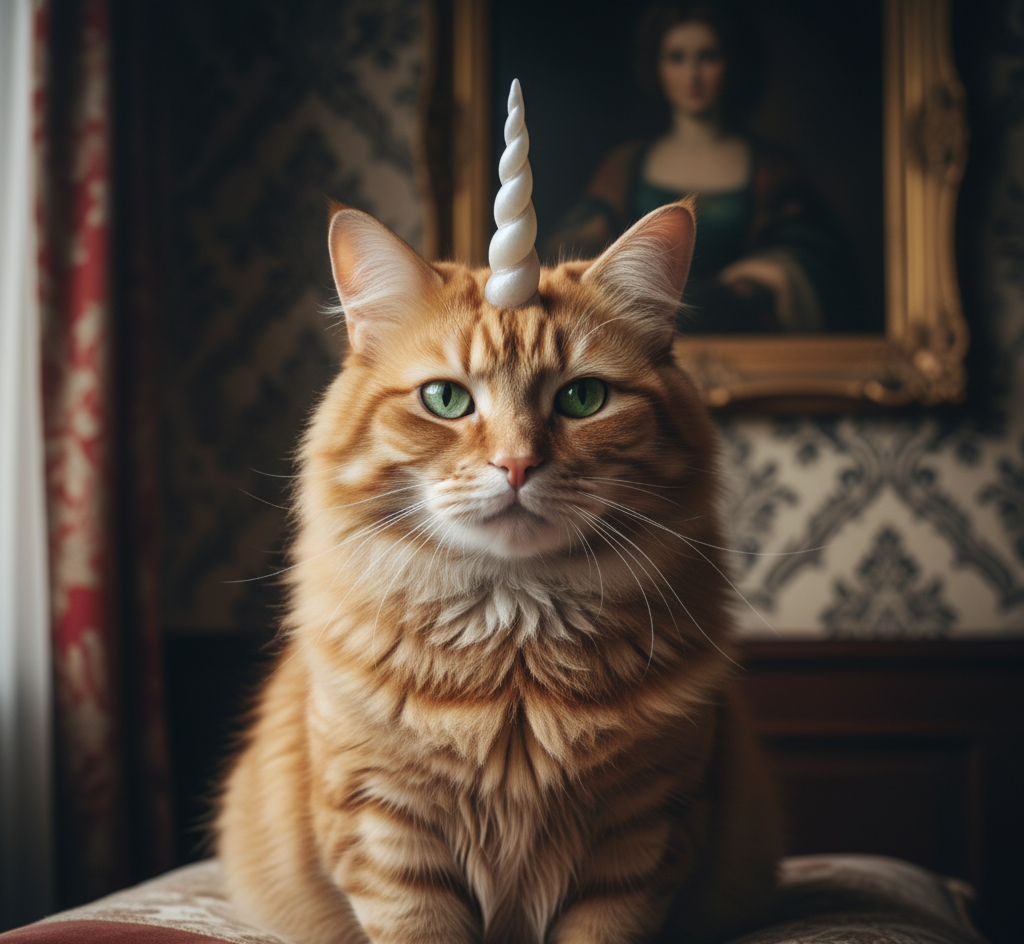 A fluffy orange tabby cat sits indoors wearing a small white unicorn horn on its head.