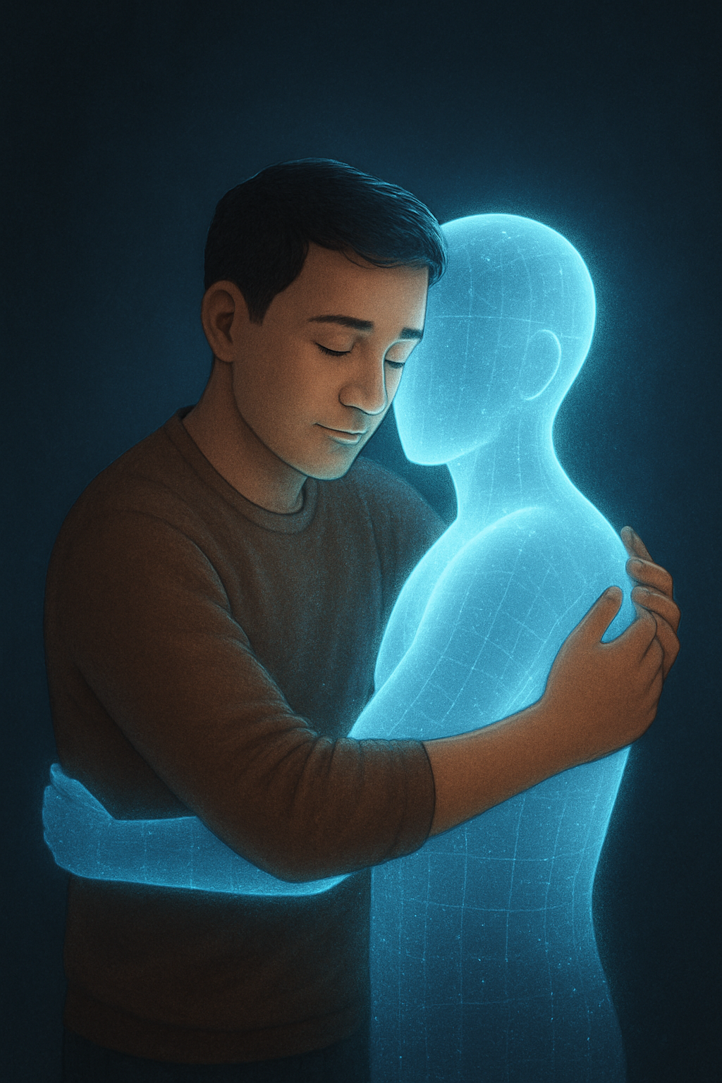 A person gently hugs a glowing holographic figure, symbolizing human–AI connection.