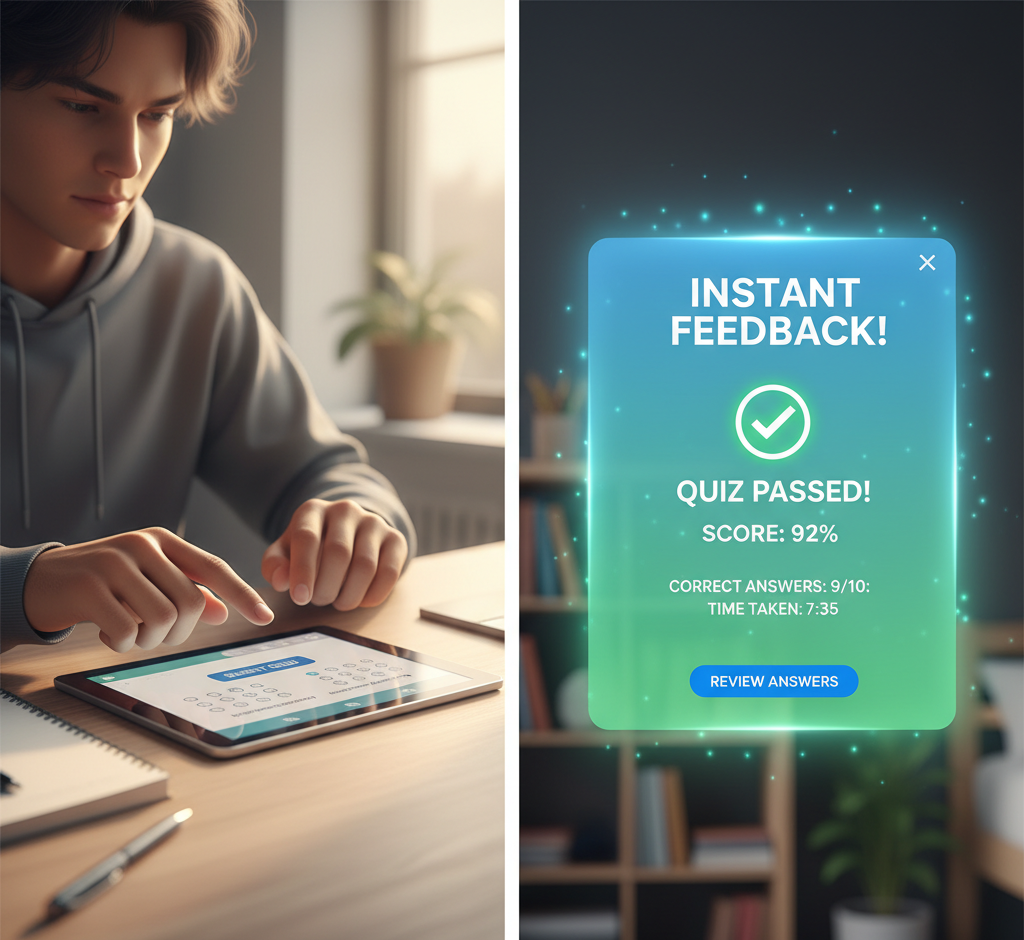 Student completing a digital quiz on a tablet with a pop-up showing a 92% score and instant feedback.