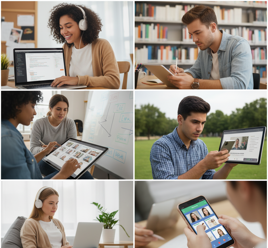 Collage of people studying and working on laptops, tablets, and phones in various settings.