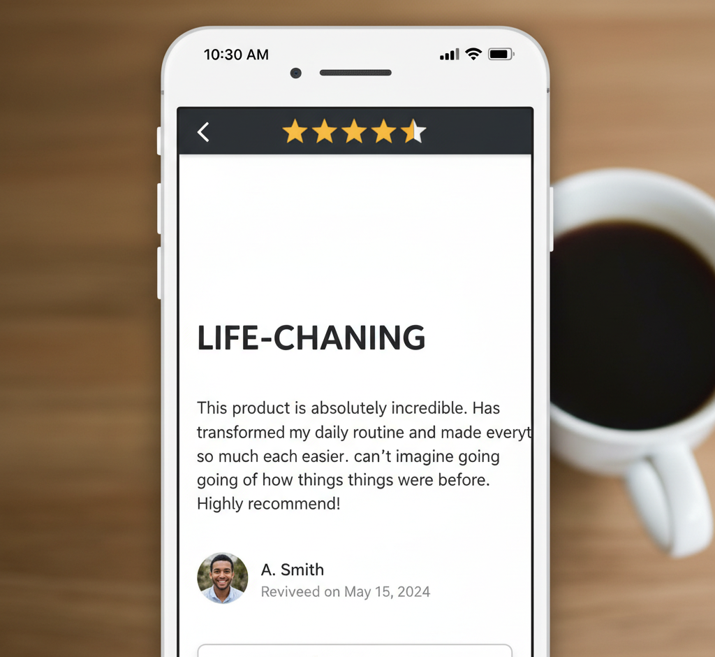 Phone screen showing a 4.5-star product review with a misspelled title and a reviewer profile; coffee cup in the background.
