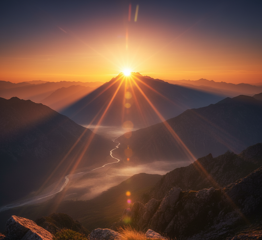Sunrise casting starburst light over a mountain range with a winding river below.