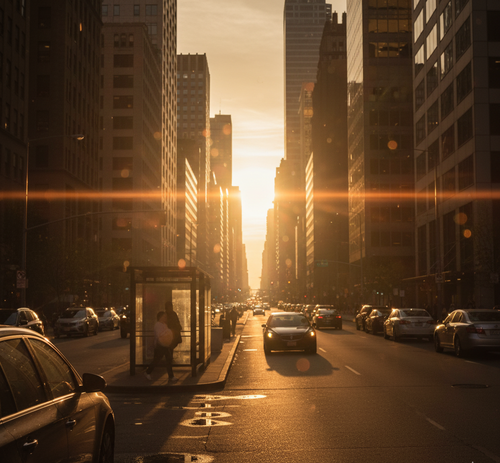 Sunset light streaming down a city street between tall buildings.