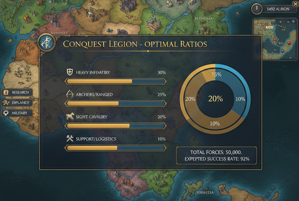 Game UI showing conquest legion troop ratio chart on a world map.