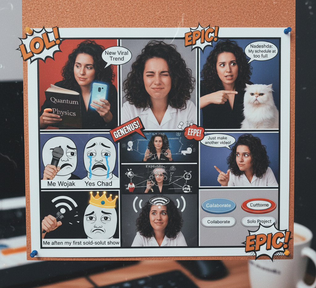 Comic-style collage of a woman in humorous meme panels with props, speech bubbles, and reaction icons.