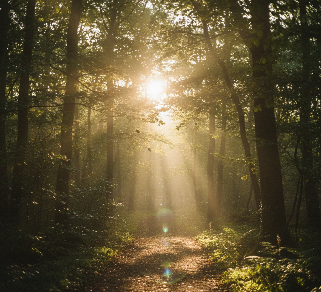 Sunlight streaming through trees along a forest path.
